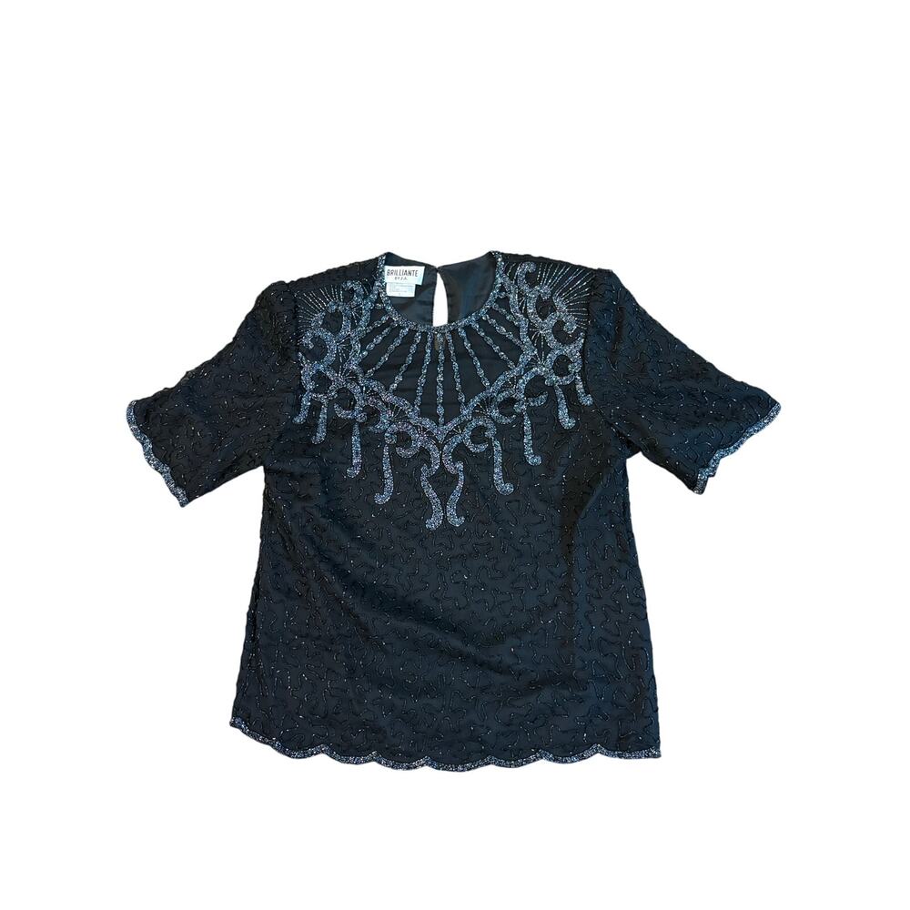 Brilliante by J.A. Womens Large Black Beaded Vtg 90s Formal Blouse GUC